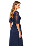 Marinha Decote em V Tule Linha-A Longo Vestido Mae Noiva