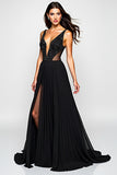 Sparkly A Line Deep V Neck Ruched Black Tie Dress com fenda