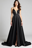 Esparguete Correias Uma Linha Cetim Black Tie Dress com Fenda