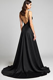 Esparguete Correias Uma Linha Cetim Black Tie Dress com Fenda