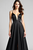 Esparguete Correias Uma Linha Cetim Black Tie Dress com Fenda