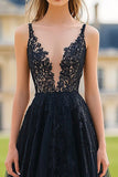 Preto A Line Deep V-Neck Tule Lace Prom Dress