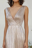 Champagne metálico plissado V-neck bainha longo vestido formal