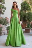 Cetim Verde Um Ombro A-Line Vestido Formal Longo