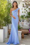 Céu Azul Um Ombro Matte Cetim Sereia Vestido Formal Longo