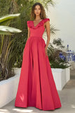 Red V-neck Matte Satin A-Line Vestido Formal Longo com Folhos