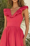 Red V-neck Matte Satin A-Line Vestido Formal Longo com Folhos
