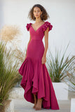 Fuchsia Alto Baixo V-neck Bainha Tafetá Vestido Formal com Folhos