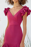 Fuchsia Alto Baixo V-neck Bainha Tafetá Vestido Formal com Folhos