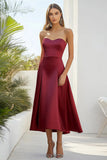Borgonha Cetim Querida A-Line Tea Comprimento Vestido Formal