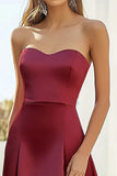 Borgonha Cetim Querida A-Line Tea Comprimento Vestido Formal