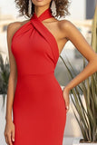 Red Matte cetim Halter bainha longo vestido formal