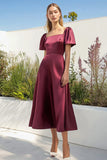 Borgonha Cetim Square Neck A-Line Tea Length Vestido Formal com Mangas Curtas