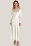 Marfim Cetim Scoop Neck A-Line Tornozelo Comprimento Vestido Formal com mangas compridas