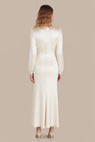 Marfim Cetim Scoop Neck A-Line Tornozelo Comprimento Vestido Formal com mangas compridas