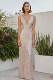 Champagne Metalizado Deep V-neck Bainha Tornozelo Comprimento Vestido Formal