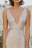 Champagne Metalizado Deep V-neck Bainha Tornozelo Comprimento Vestido Formal