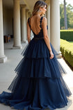 Marinha Uma Linha Esparguete Correias Tiered Lace Long Prom Dress