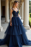 Marinha Uma Linha Esparguete Correias Tiered Lace Long Prom Dress