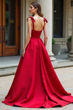 Red A-Line Bow Tie Espaghetti Correias Cetim Long Prom Dress