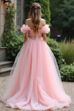Vestido de bola rosa fora do ombro babados tule longo vestido de baile