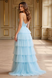 Céu Azul Tule Linha-A Alças Finas Longo Vestido de Baile com Fenda