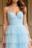 Céu Azul Tule Linha-A Alças Finas Longo Vestido de Baile com Fenda