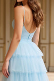 Céu Azul Tule Linha-A Alças Finas Longo Vestido de Baile com Fenda