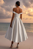 Branco Ombro a Ombro Midi Cetim Vestidos de Noiva