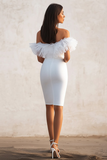 Branco Fora do Ombro Bodycon Babados Midi Vestidinho Branco