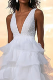 Branco Linha-A Decote em V Midi Vestidos de Noite