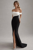 Vestidos Cerimónia com Fenda Preto Branco Longo Sereia Cetim Fora do Ombro
