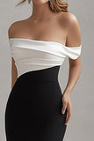 Vestidos Cerimónia com Fenda Preto Branco Longo Sereia Cetim Fora do Ombro