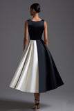 Vestidos Cerimónia Linha-A Midi Preto Branco Cetim Pescoço de Barco