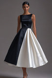 Vestidos Cerimónia Linha-A Midi Preto Branco Cetim Pescoço de Barco