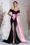Vestido De Baile com Fenda Preto Rosa Fora do ombro Cetim Sereia Arco