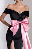 Vestido De Baile com Fenda Preto Rosa Fora do ombro Cetim Sereia Arco
