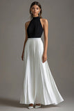 Vestidos Cerimónia Longo Preto Branco Pescoço Alto Plissado Linha-A