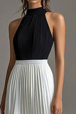 Vestidos Cerimónia Longo Preto Branco Pescoço Alto Plissado Linha-A