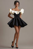 Vestidos Cocktail Curto/Mini Marfim Preto Linha-A Cetim Fora do Ombro