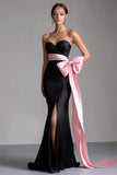 Vestidos Cerimónia com Fenda Preto Rosa Longo Sereia Sem Alças
