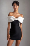 Vestidos Cocktail com Bow Preto Branco Curto/Mini Fora do Ombro