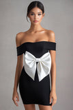 Vestidos Cocktail Bodycon Fora do Ombro Curto Preto Branco