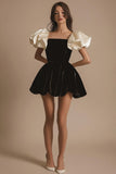 Vestidos Cocktail Marfim Preto Curto Linha-A Mangas Curtas