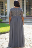 Cinza Linha-A Chiffon Renda Tamanhos Grandes Longo Vestido Mae Noiva