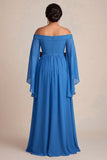 Azul Fora do Ombro Bainha Chiffon Tamanhos Grandes Vestido Mae Noiva