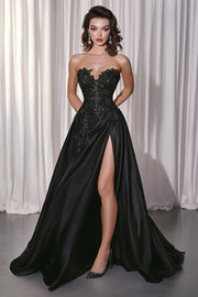 Vestido de Baile Longo Preto Sem Alças Linha-A Apliques e Fenda