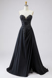 Vestido de Baile Longo Preto Sem Alças Linha-A Apliques e Fenda