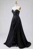 Vestido de Baile Longo Preto Sem Alças Linha-A Apliques e Fenda