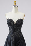 Vestido de Baile Longo Preto Sem Alças Linha-A Apliques e Fenda